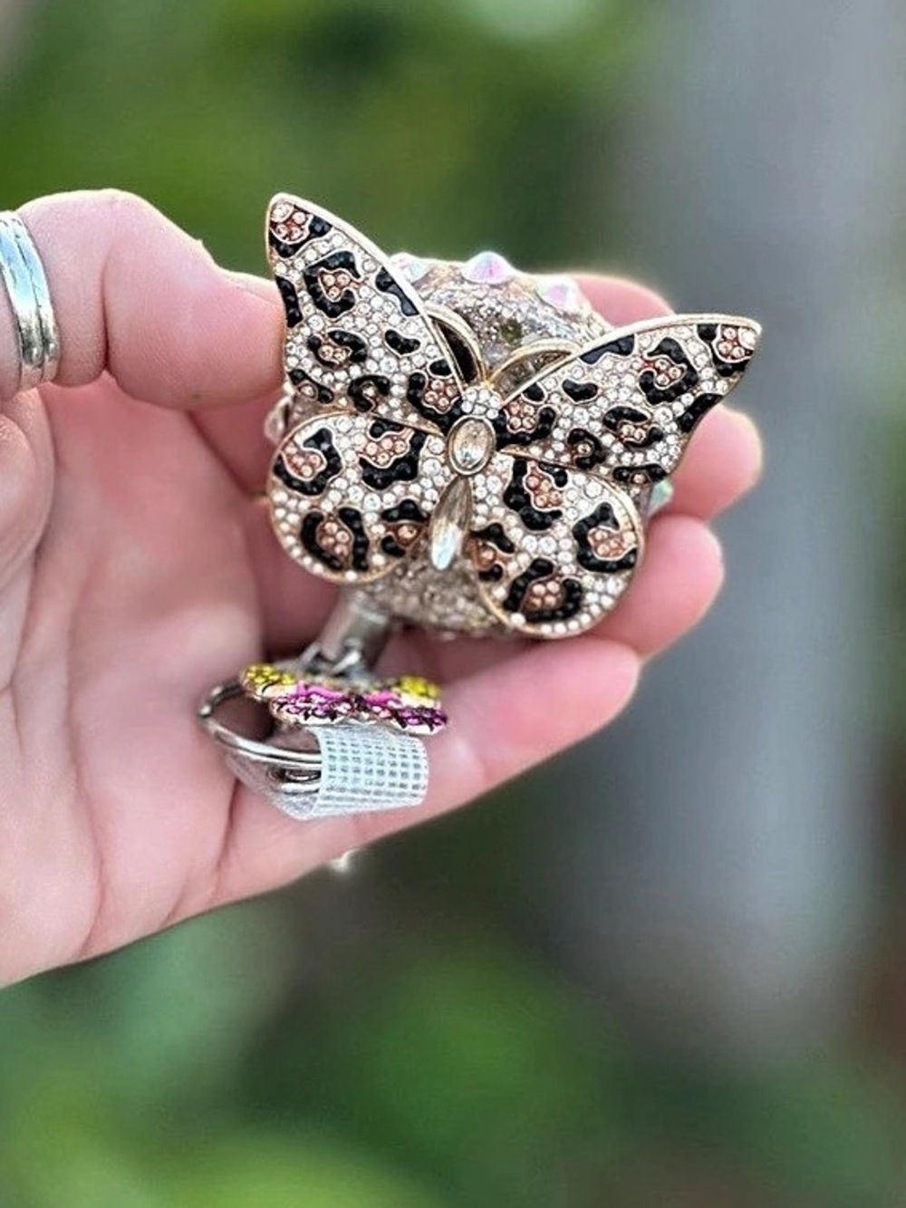 Leopard Butterfly Badge Holder in White & Pink Like New